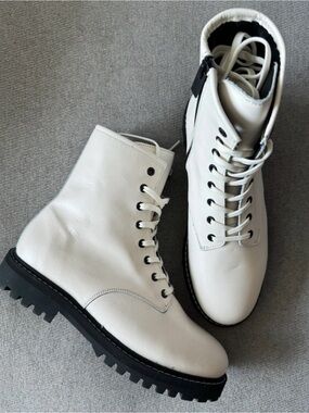 Thursday Boot Company White Ecru Lace-Up Combat Boots with Black Lug Sole